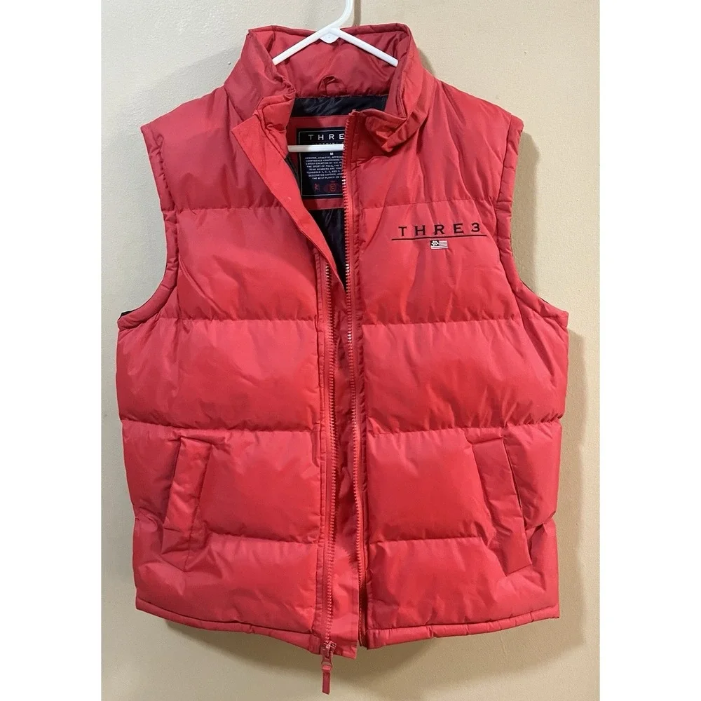 Three Clothing‎ Company Puffer Vest Men's Medium Red Full Zip Sleeveless Jacket